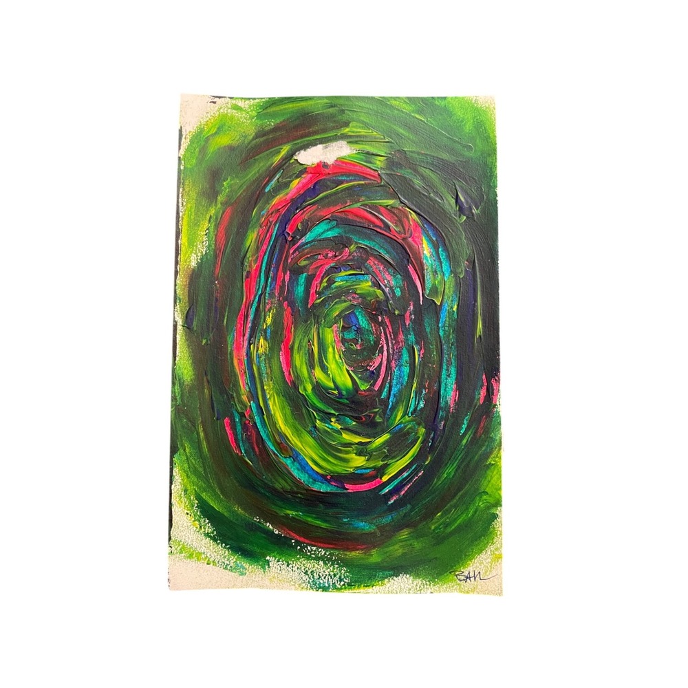 Original Abstract Impasto Swirl Painting Green Pink Blue Textured 5.5x8.5 Art